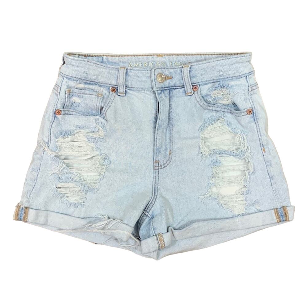 American Eagle High Waisted Stretch Ripped Light Wash Cuffed Jean Shorts